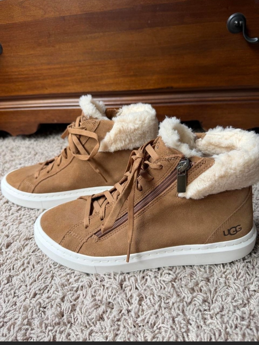 UGG Chestnut Suede Shearling-Lined Lace-Up Ankle Sneakers
